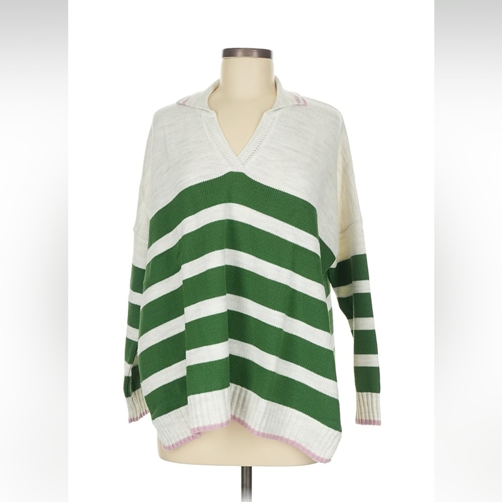 Mersea Green and White Striped Women's Sweater